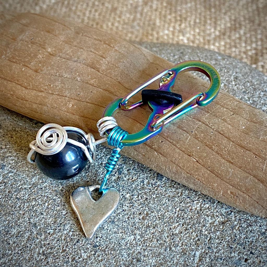 Shungite Clip-On for Pets | Round Bead, Heart Charm, Blue & Silver
