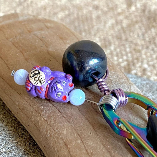 Shungite Clip-On for Pets | Rounded Cube Bead, Purple Lucky Cat Charm