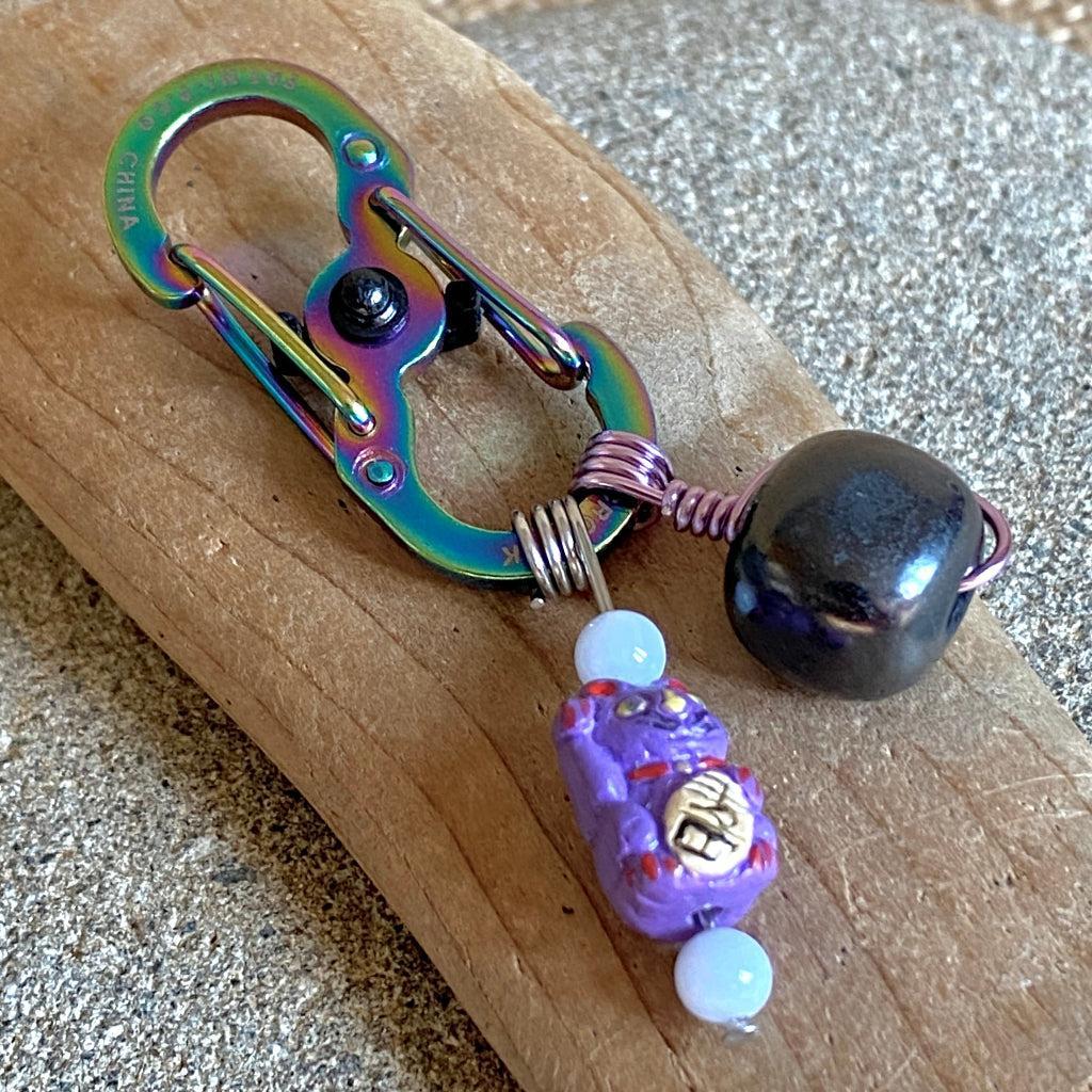 Shungite Clip-On for Pets | Rounded Cube Bead, Purple Lucky Cat Charm