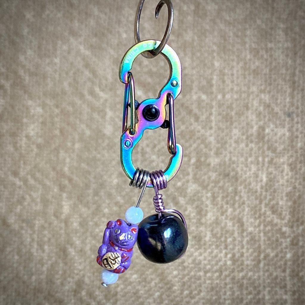 Shungite Clip-On for Pets | Rounded Cube Bead, Purple Lucky Cat Charm
