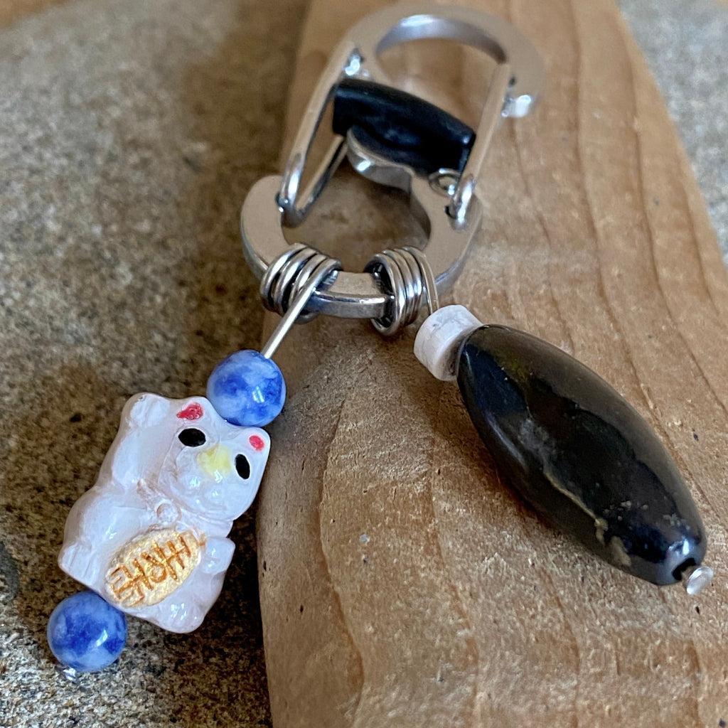 Shungite Clip-On for Pets | Rounded Cube Bead, White Lucky Cat Charm
