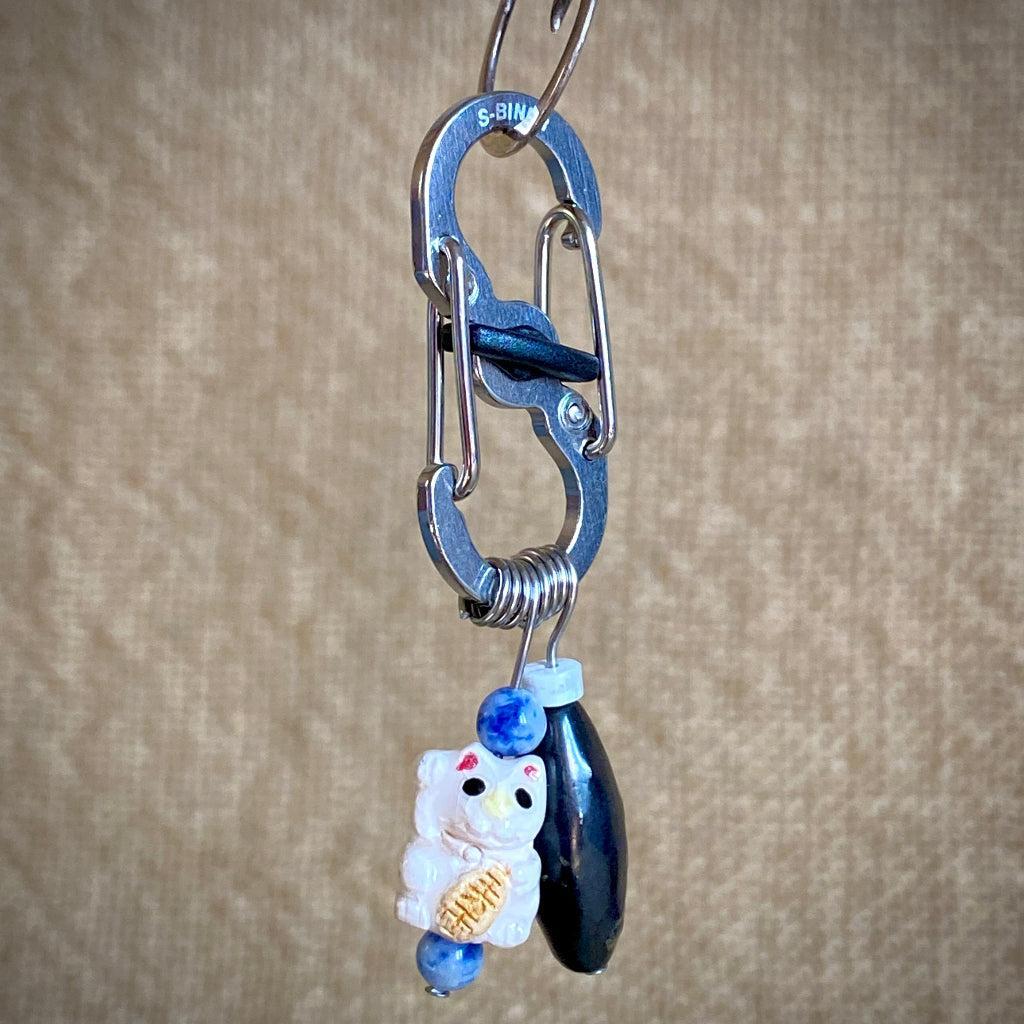 Shungite Clip-On for Pets | Rounded Cube Bead, White Lucky Cat Charm