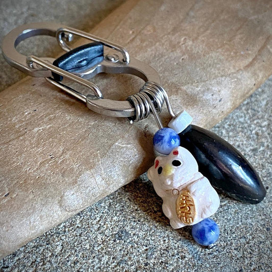 Shungite Clip-On for Pets | Rounded Cube Bead, White Lucky Cat Charm