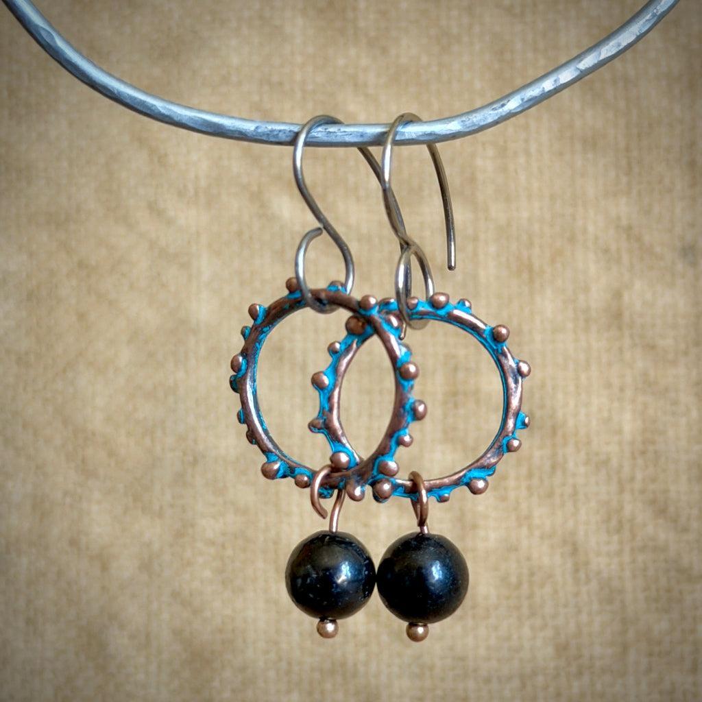 Shungite Copper Patina Bumpy Loop Earrings | Titanium Wires