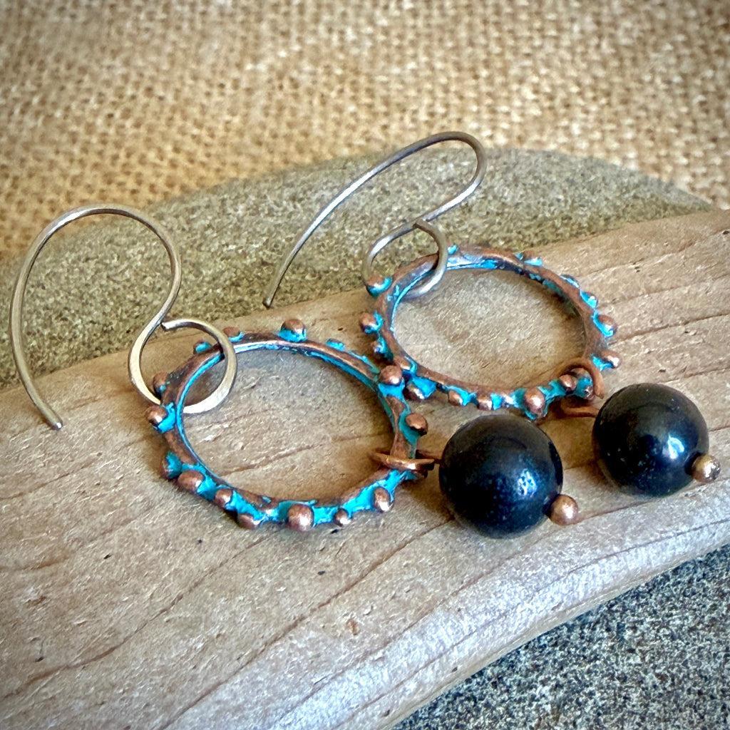 Shungite Copper Patina Bumpy Loop Earrings | Titanium Wires