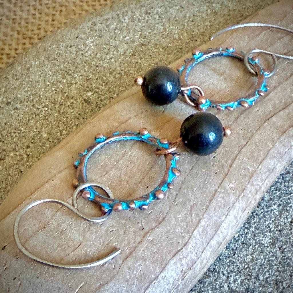 Shungite Copper Patina Bumpy Loop Earrings | Titanium Wires