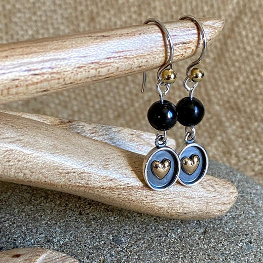 Shungite Earrings, Sterling Silver Shadow Box With Bronze Heart