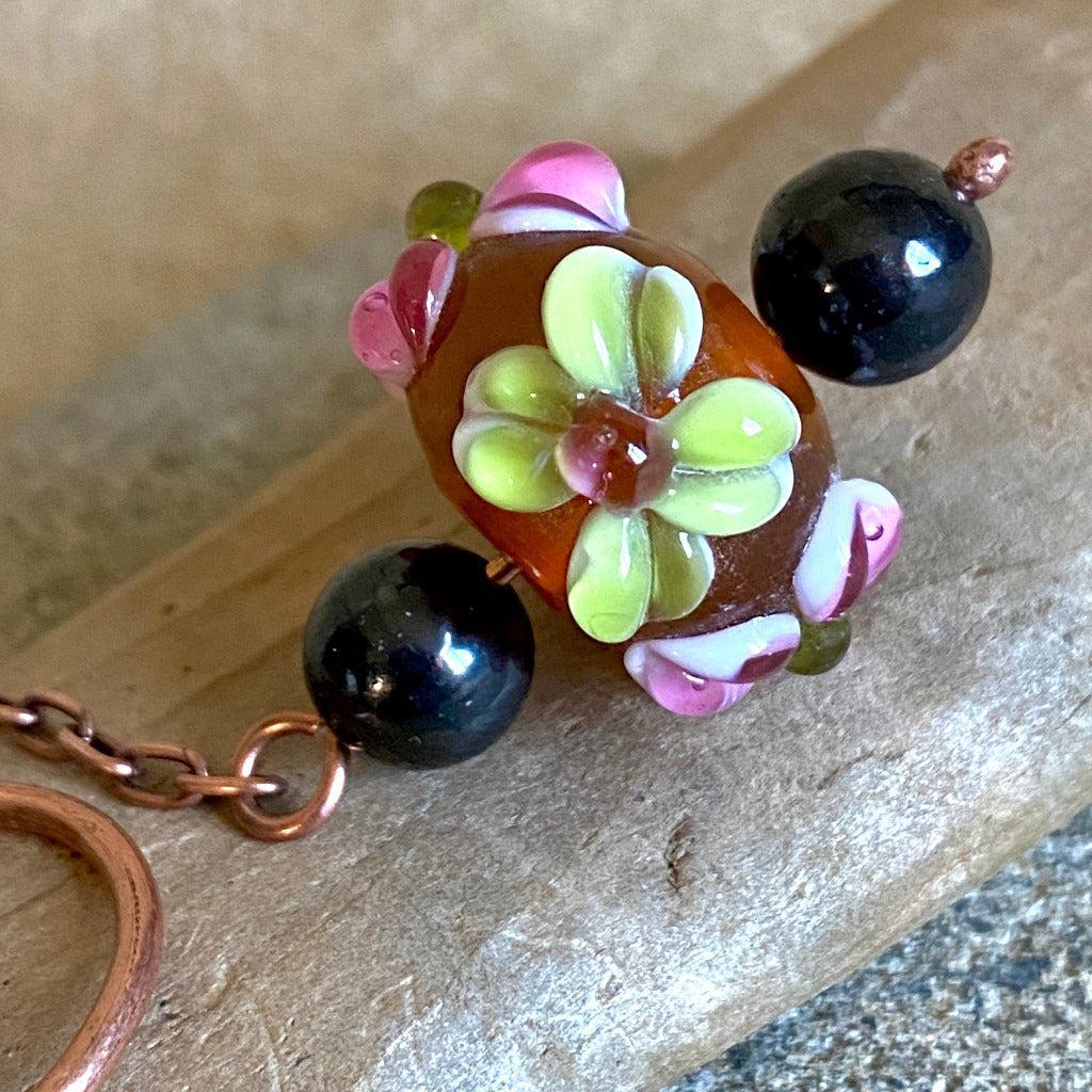 Shungite Garden Dangle with Lampwork Flower Bead on Copper Hook