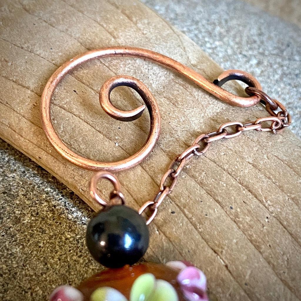 Shungite Garden Dangle with Lampwork Flower Bead on Copper Hook