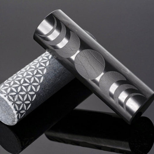 Shungite Harmonizer Cylinders | Wooden Flower of Life Display Stand