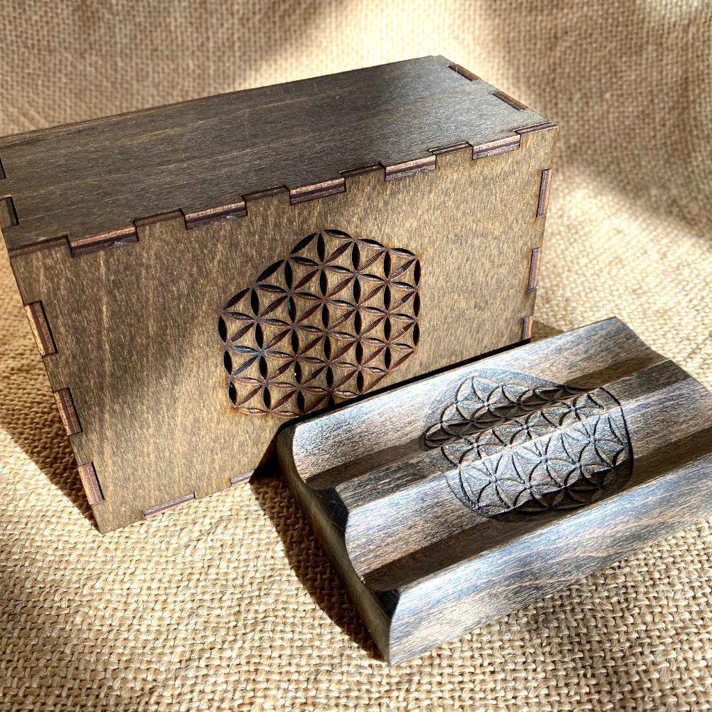 Shungite Harmonizer Cylinders | Wooden Flower of Life Display Stand