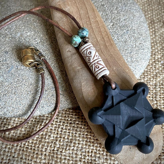 Shungite Metatron's Cube Necklace | Stoneware & African Turquoise Beads