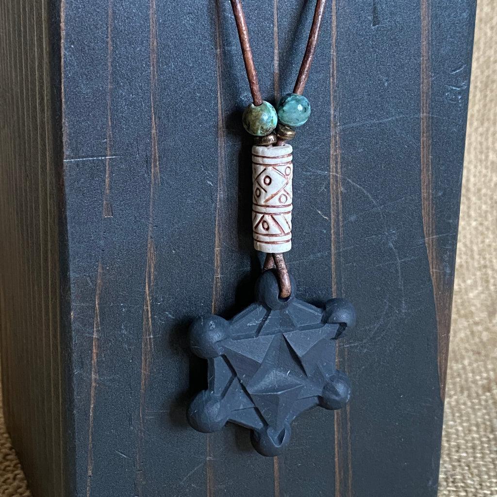 Shungite Metatron's Cube Necklace | Stoneware & African Turquoise Beads
