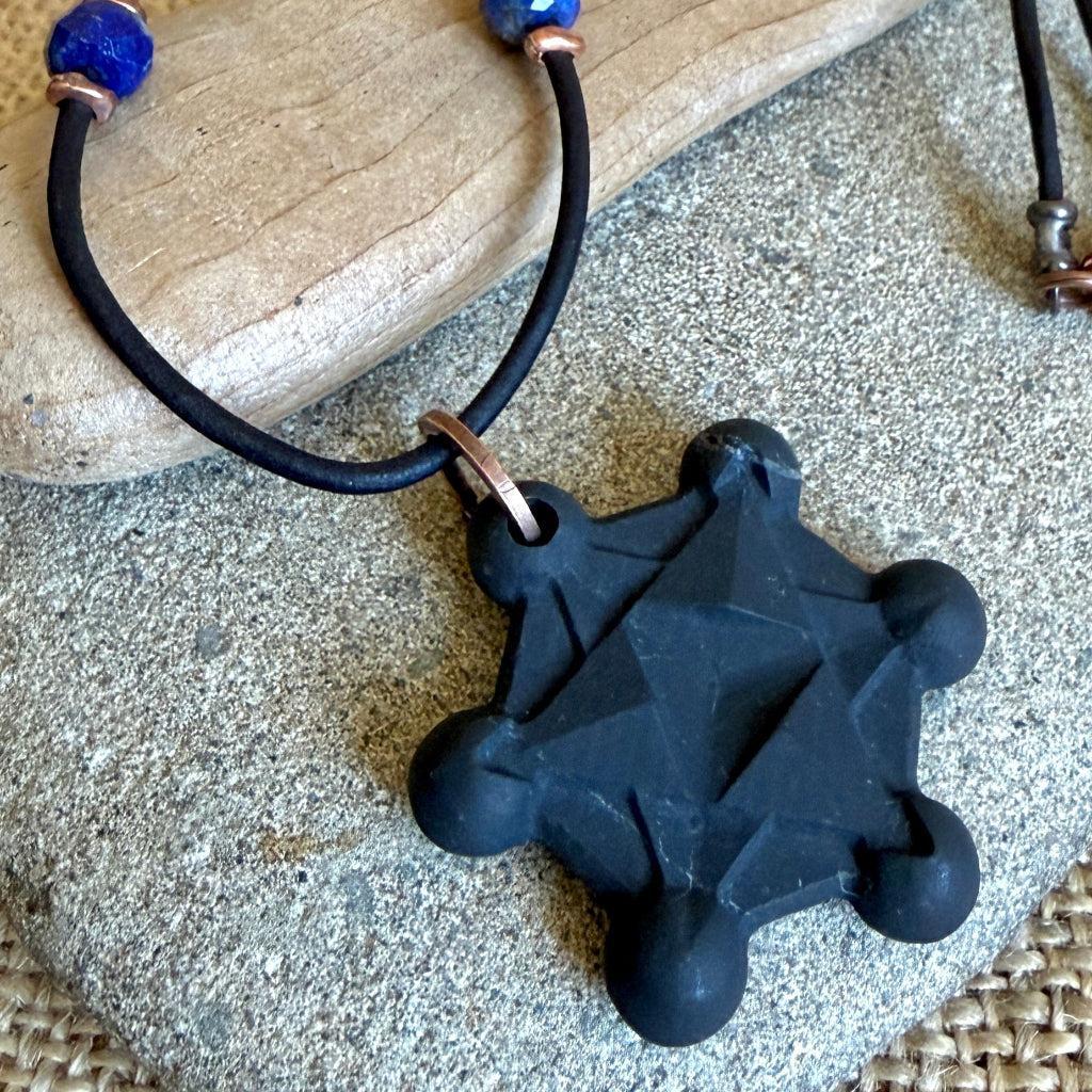 Shungite Metatron's Cube Necklace | With Lapis Beads and Copper