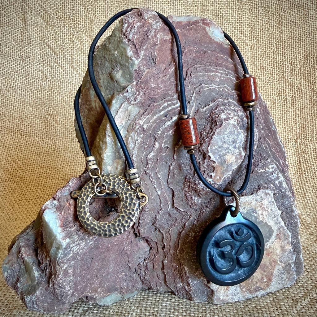 Shungite Om Pendant | Poppy Jasper Beads, Brass Toggle Clasp