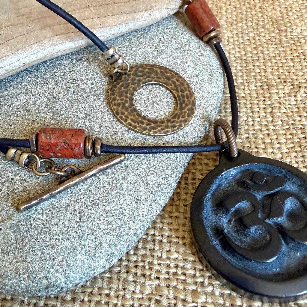 Shungite Om Pendant | Poppy Jasper Beads, Brass Toggle Clasp