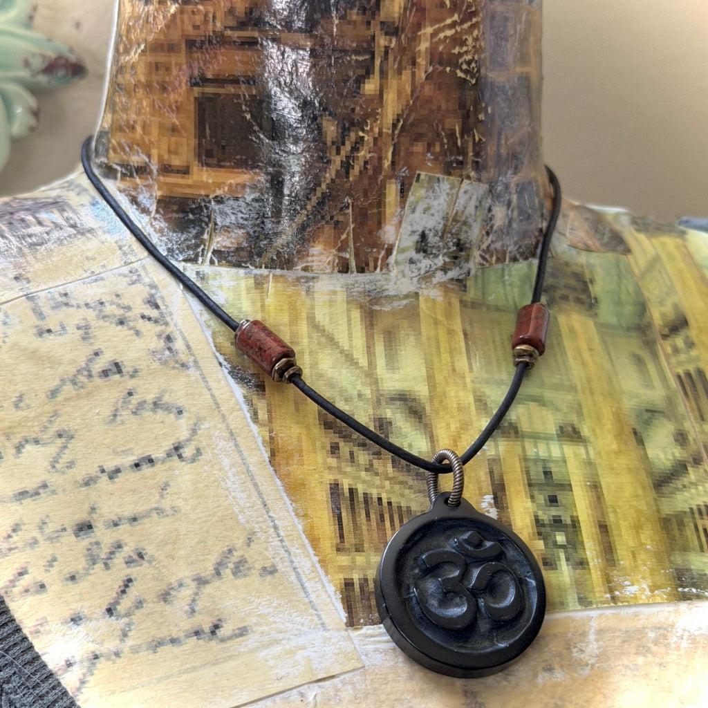 Shungite Om Pendant | Poppy Jasper Beads, Brass Toggle Clasp