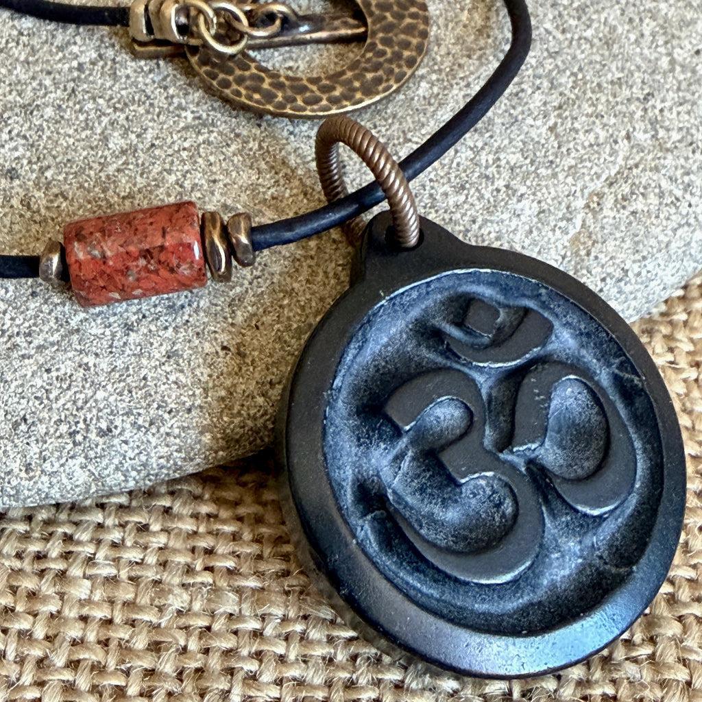 Shungite Om Pendant | Poppy Jasper Beads, Brass Toggle Clasp