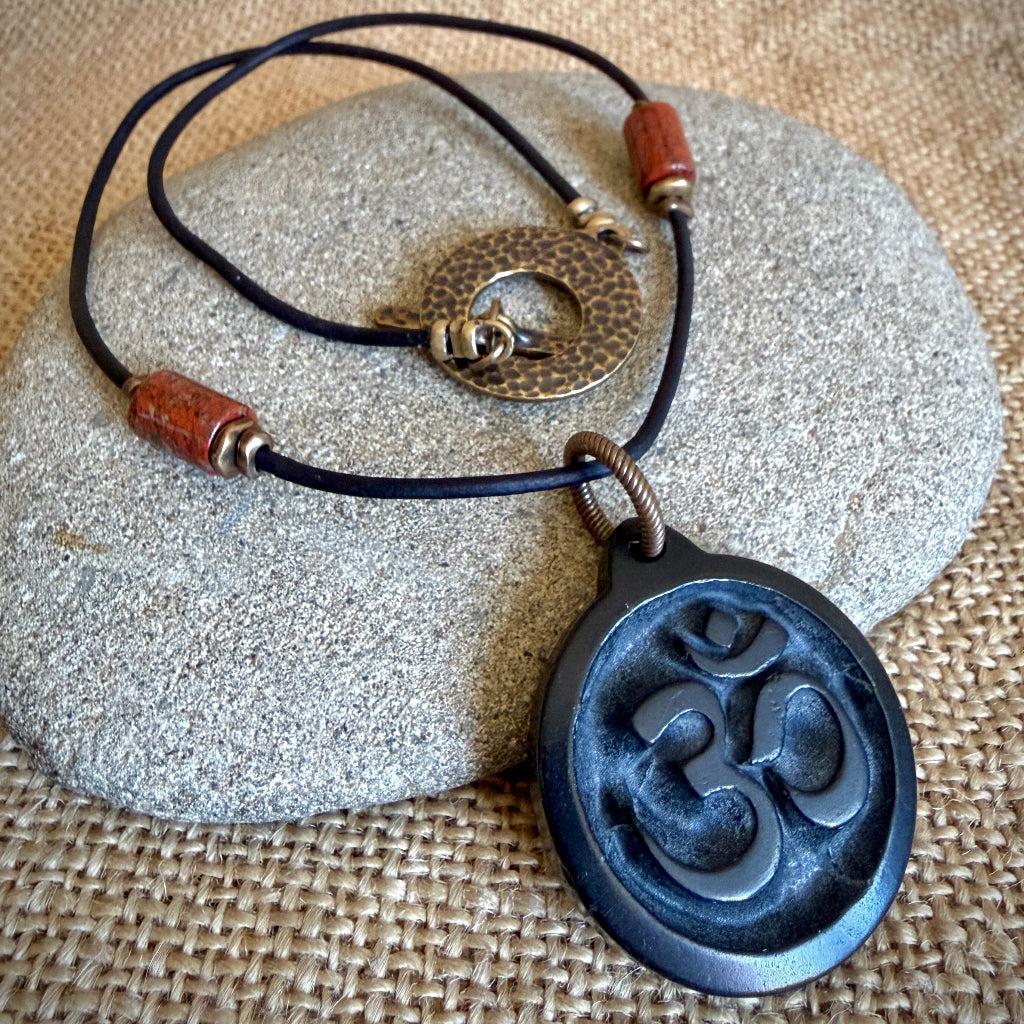 Shungite Om Pendant | Poppy Jasper Beads, Brass Toggle Clasp