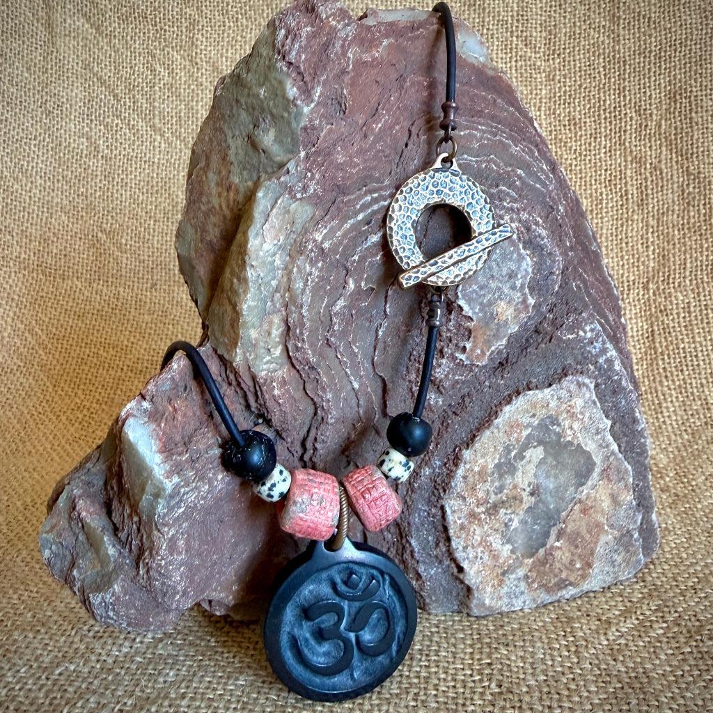 Shungite Om Pendant | Terra Cotta, African Glass Beads
