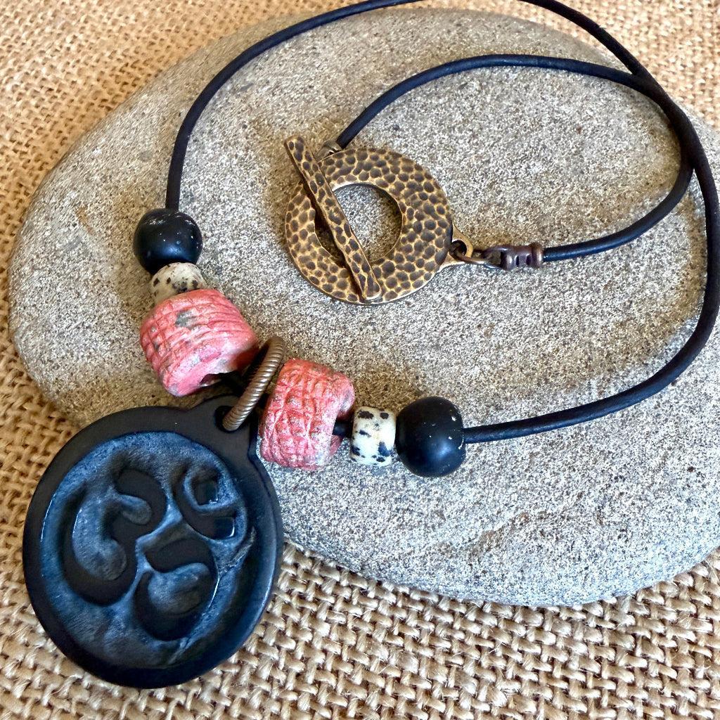 Shungite Om Pendant | Terra Cotta, African Glass Beads