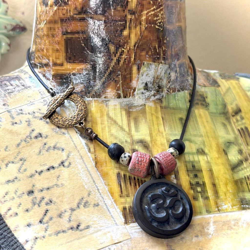 Shungite Om Pendant | Terra Cotta, African Glass Beads