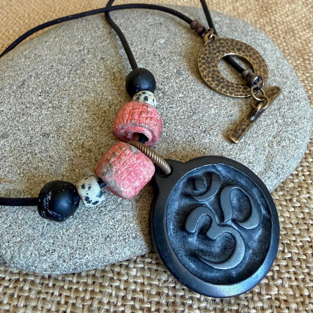 Shungite Om Pendant | Terra Cotta, African Glass Beads
