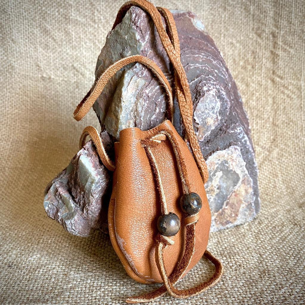 Shungite Palm Stone with Tumbled Bloodstone in Elk Leather Neck Pouch