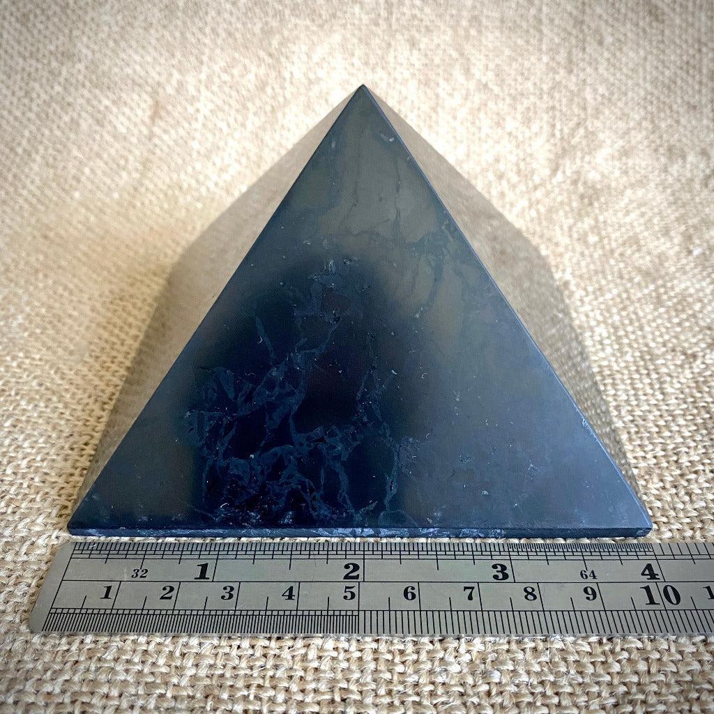 Shungite Pyramid, 4 Inch Base, Custom Mahogany Stand