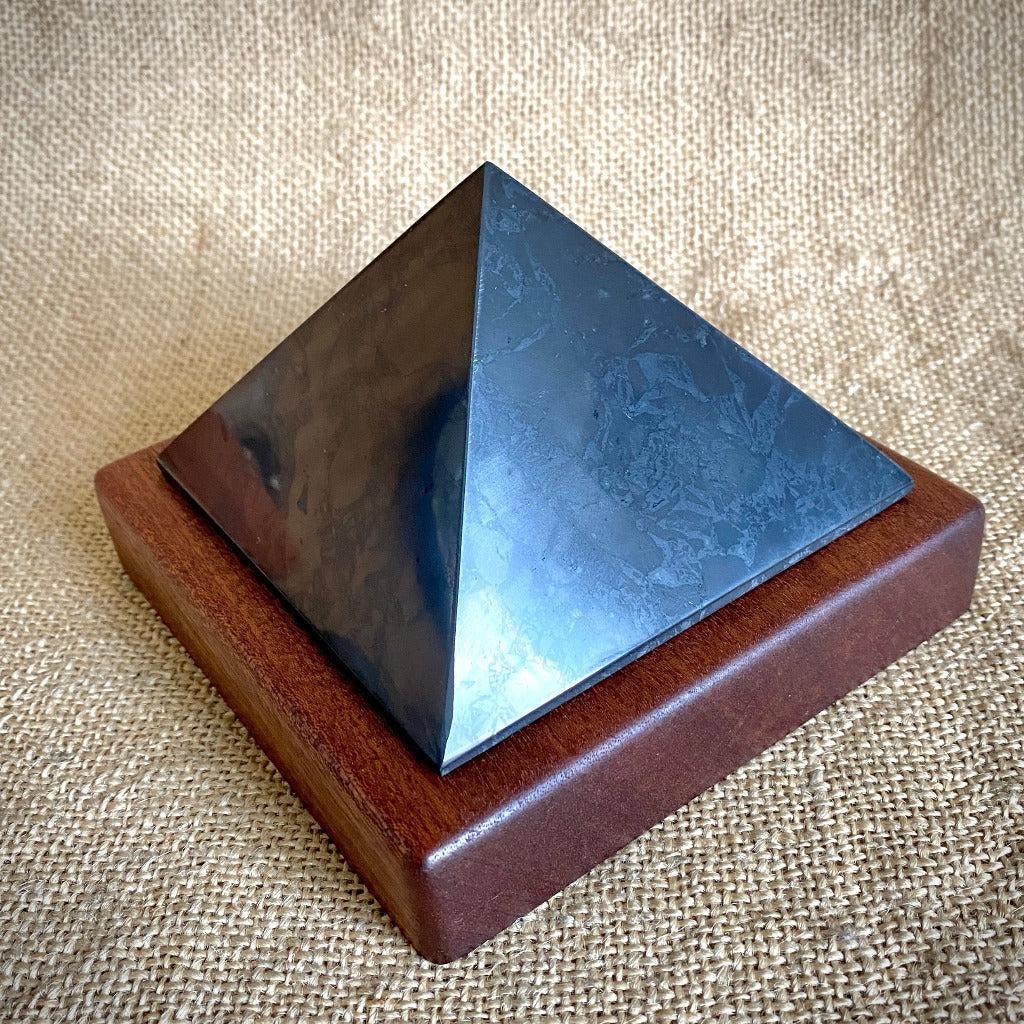 Shungite Pyramid, 4 Inch Base, Custom Mahogany Stand