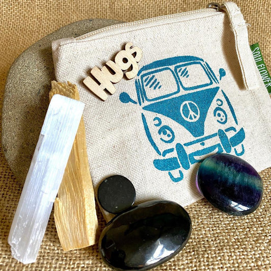 Shungite Set in Hippie Bus Zipper Pouch, Fluorite, Selenite, Palo Santo