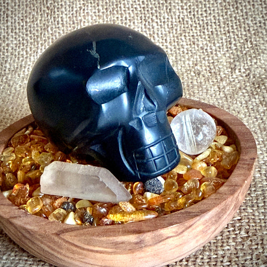 Shungite Skull on Baltic Amber | Zambian Citrine, Gold Rutile Quartz