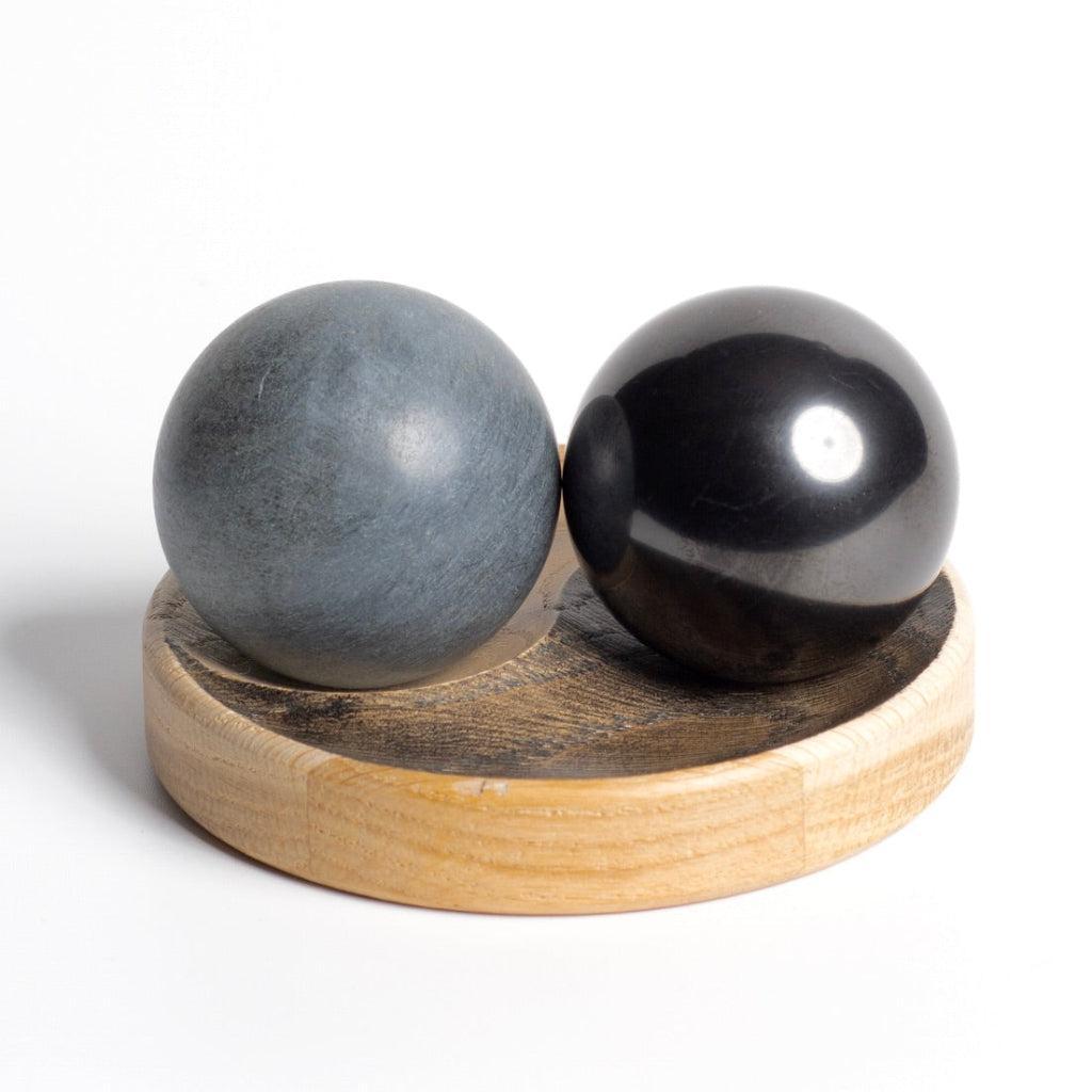 Shungite & Soapstone Baoding Balls | Yin Yang Oak Stand