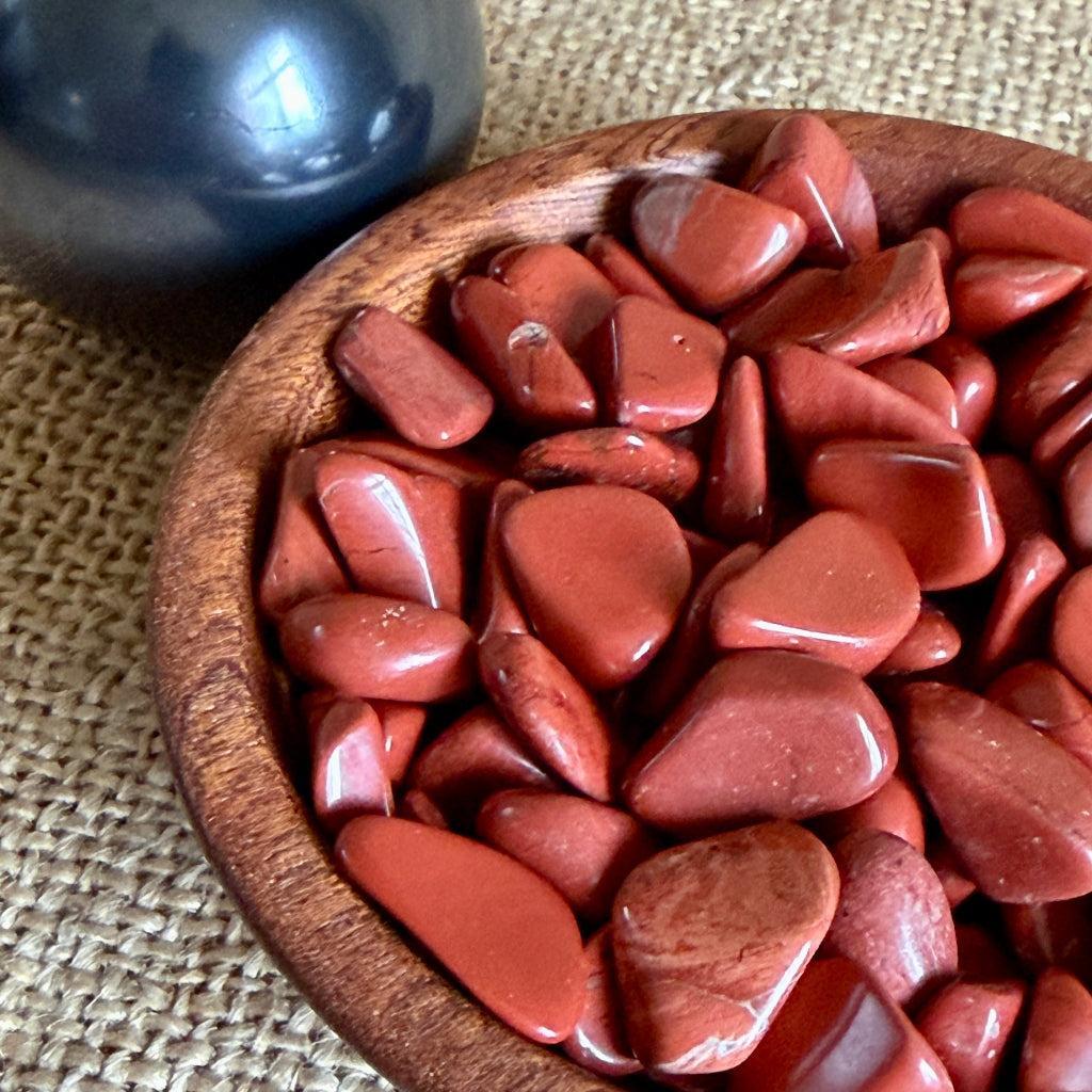 Shungite Sphere on Tumbled Red Jasper | Custom Mahogany Wood Bowl