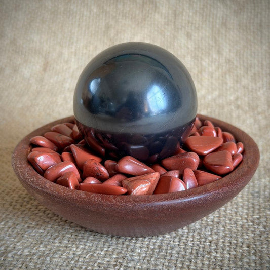 Shungite Sphere on Tumbled Red Jasper | Custom Mahogany Wood Bowl