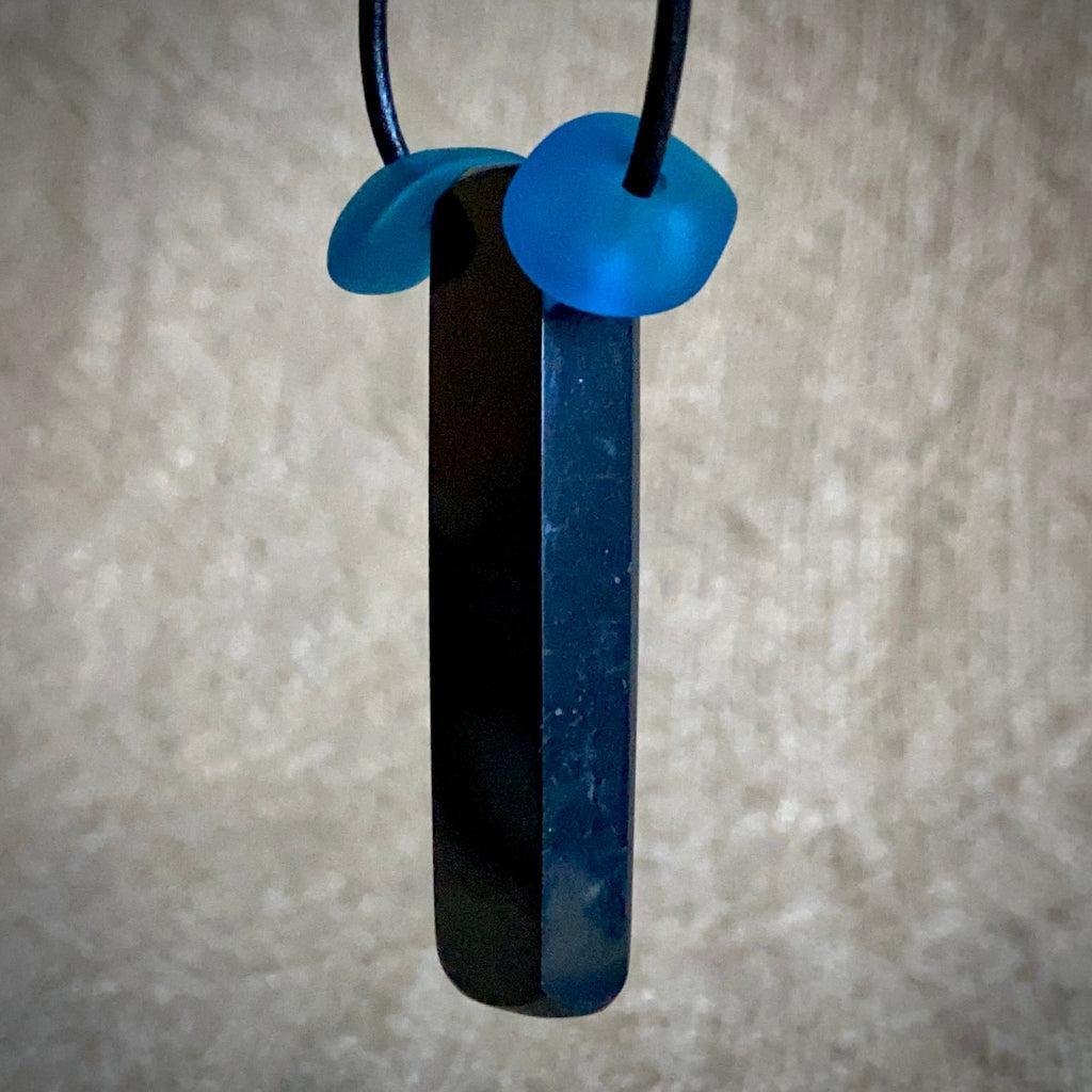 Shungite Stick Pendant | Blue Sea Glass, Black Leather