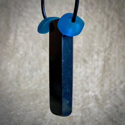 Shungite Stick Pendant | Blue Sea Glass, Black Leather