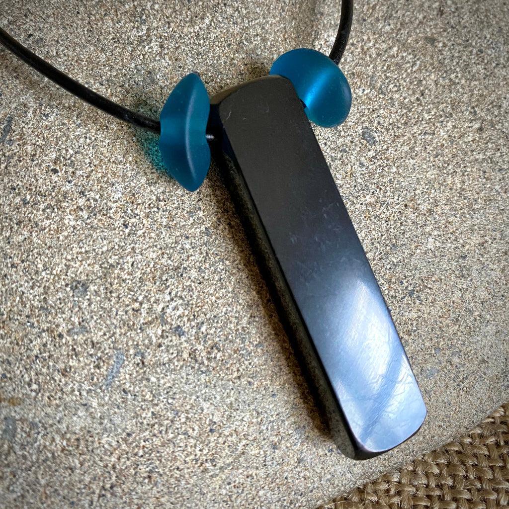 Shungite Stick Pendant | Blue Sea Glass, Black Leather