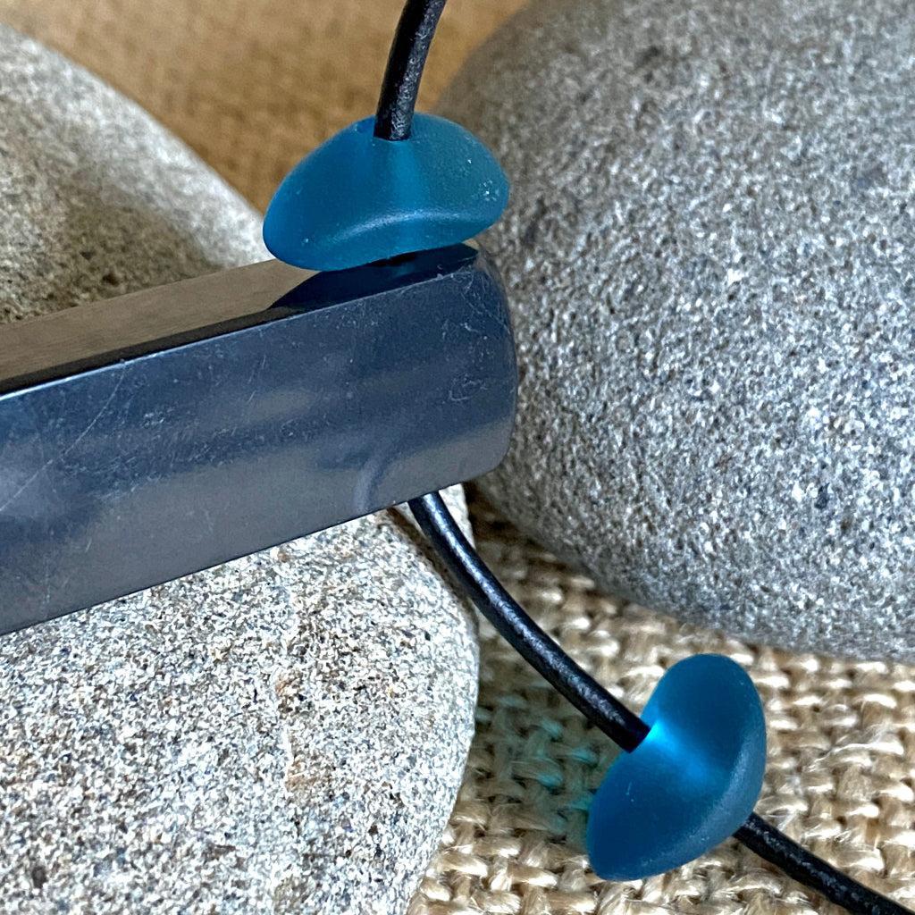 Shungite Stick Pendant | Blue Sea Glass, Black Leather