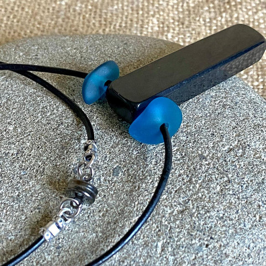 Shungite Stick Pendant | Blue Sea Glass, Black Leather