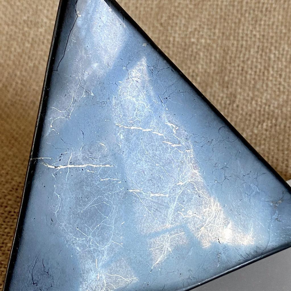 Shungite Tetrahedron, 100mm, on Triangular Selenite Slab - Rare Beauty