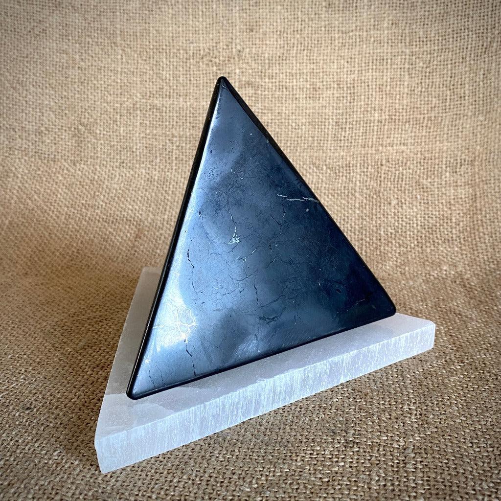 Shungite Tetrahedron, 100mm, on Triangular Selenite Slab - Rare Beauty