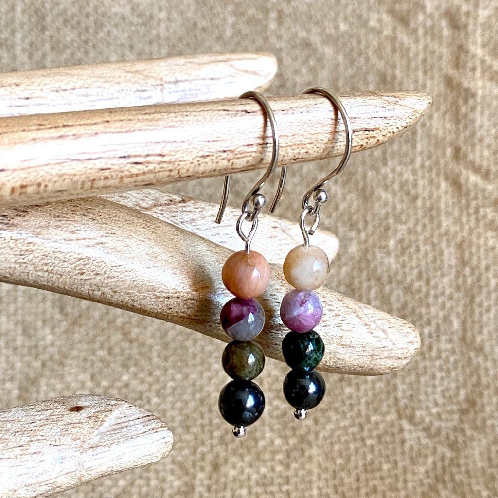 Shungite, Tourmaline, & Peach Moonstone Earrings, Emotional Balance