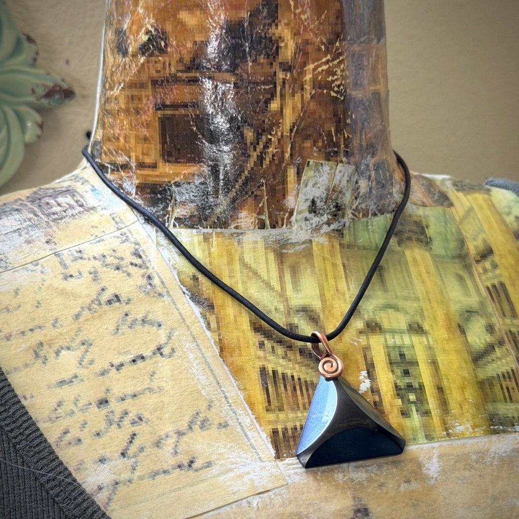Shungite Triangle Pendant | Black Leather Spiral Copper Bail