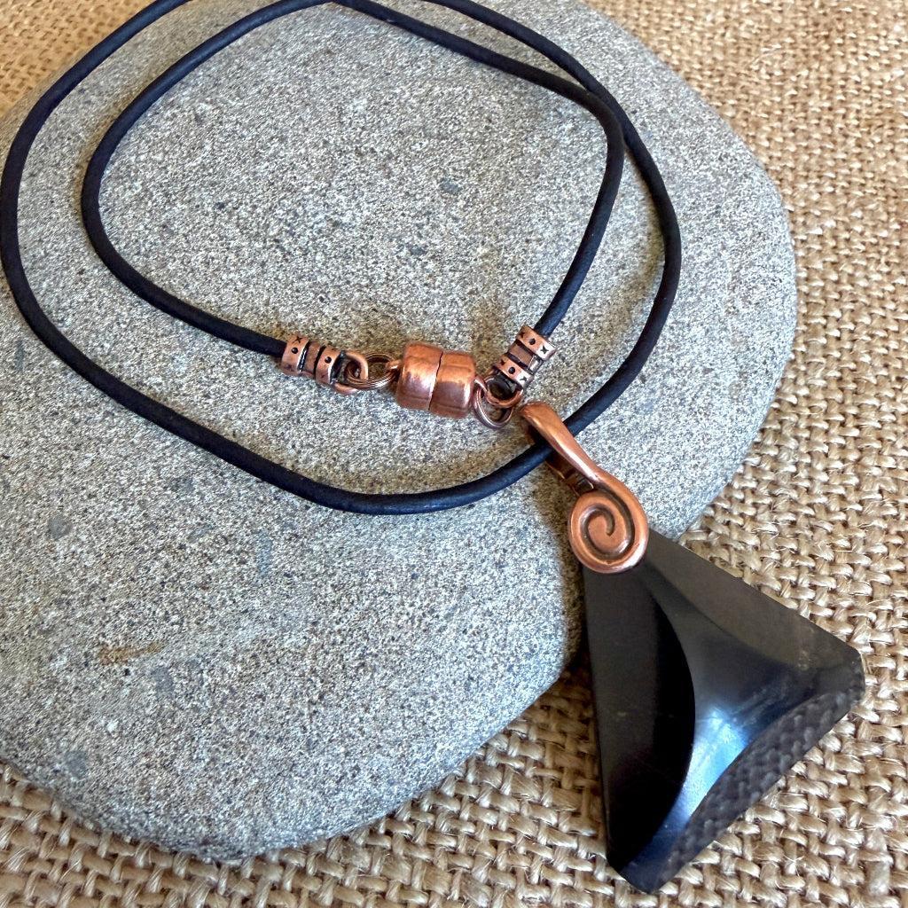 Shungite Triangle Pendant | Black Leather Spiral Copper Bail