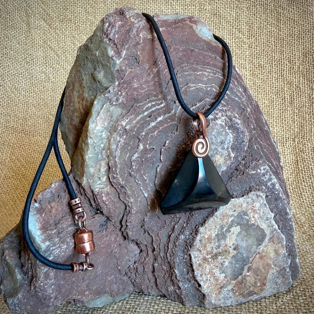 Shungite Triangle Pendant | Black Leather Spiral Copper Bail