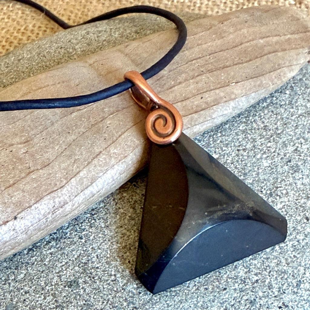Shungite Triangle Pendant | Black Leather Spiral Copper Bail