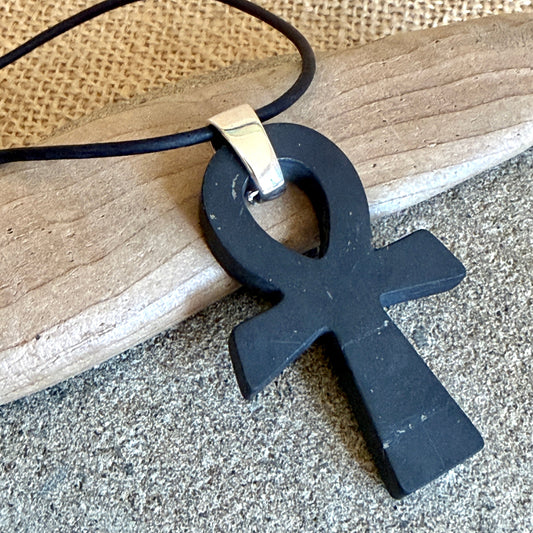 Shungite Ankh Necklace | With Sterling Silver Bail & Dolphin Clasp