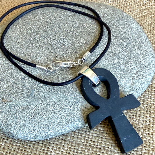 Shungite Ankh Necklace | With Sterling Silver Bail & Dolphin Clasp 2