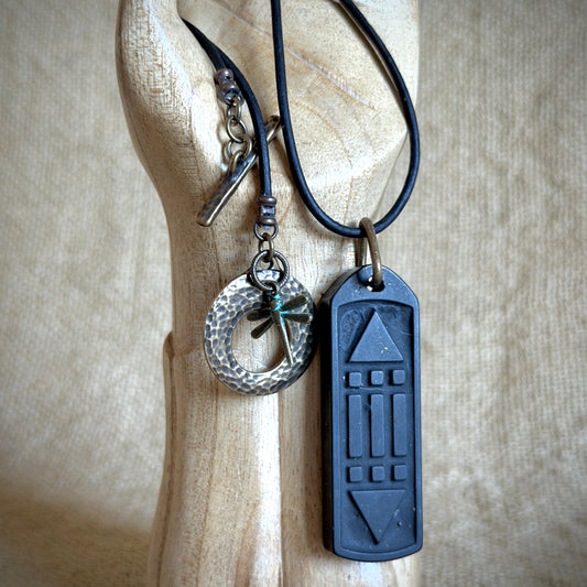 Shungite Atlantis Necklace | Engraved Both Sides, Brass, Dragonfly